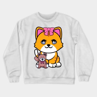 Funny Orange cat is holding a teddy bear Crewneck Sweatshirt